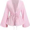SHENHE Women's Striped Tie Front Bell Sleeve Blouse Deep V Neck Elegant Peplum Top Shirt (XS)