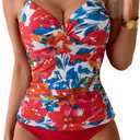 B2prity Women's Ruched Tankini Suimsuits V Neck Wrap Tie Back Two Pieces Bathing Suit Tummy Control Swimwear, Size L