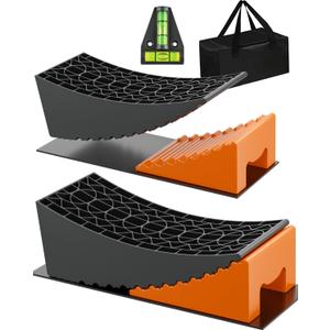 RV Leveling Blocks Ramp Kit, 2 Packs Camper Leveler System for Travel with Two Chocks, 2 Anti-Slip Mats, 1T Bubble Level and Carry Bag, Up to 35000 LBS, Easier & Faster to Level Camper-Orange