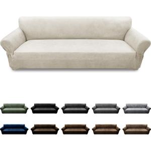 Pfrstuv Couch Cover 8-Pieces Sofa Covers Washable Recliner Sofa Covers 3 Seater Leather Look Recliner Slipcovers with Pockets Spandex Fabric Furniture Covers(Recliner Sofa, Beige)