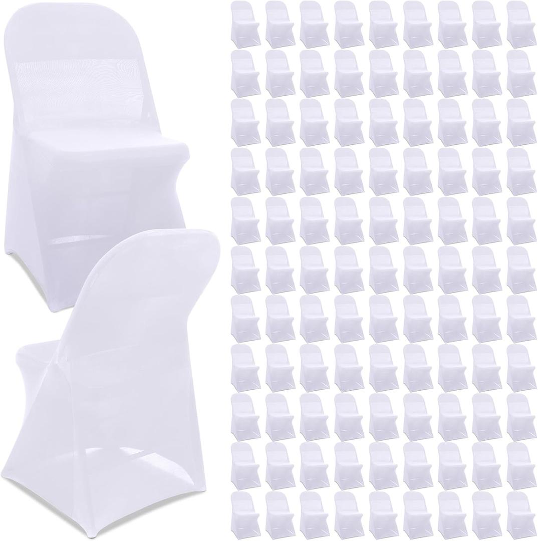 Newwiee 100 Pcs Spandex Chair Covers Bulk - Stretch Folding Flat Front Fitted Universal Chair Protector Pack Removable Washable for Wedding Party Dining Banquet Event (White)