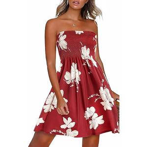 CHICGAL Summer Dresses for Women Beach Cover Ups Strapless Boho Floral Print Sundress, Size: M