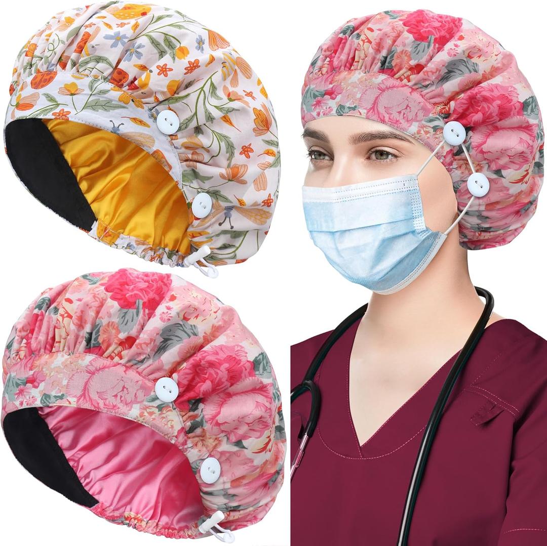 ABAMERICA 2 Pack Bouffant Caps with Button and Sweatband, Adjustable Scrub Caps for Women Men, One Size Multi Color