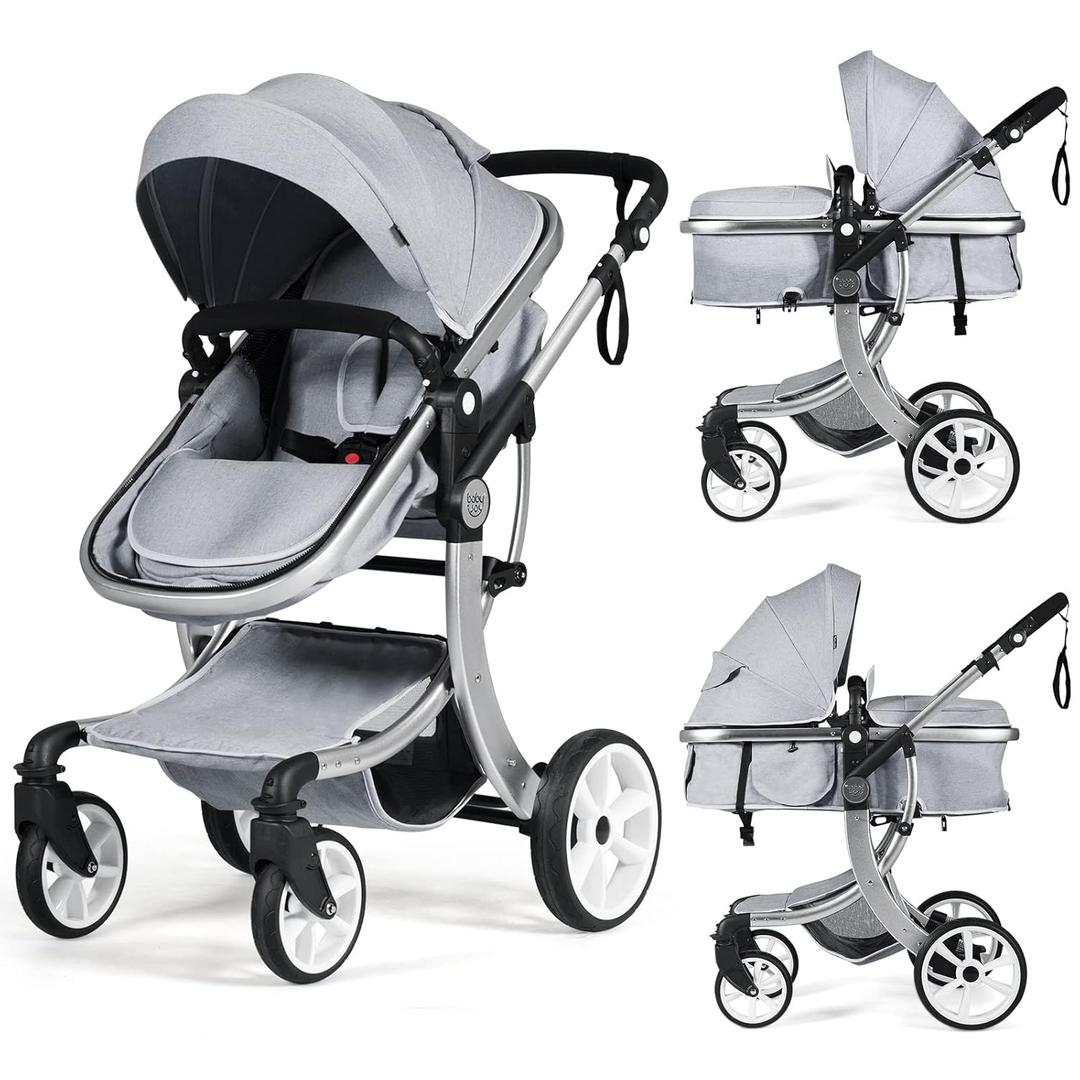 BABY JOY 2-in-1 High Landscape Baby Stroller, Reversible Bassinet Reclining Stroller, Foldable Push Chair w/Adjustable Canopy, Storage Bag, Foot Cover, Rain Cover & Net, Aluminum Alloy Frame (Gray)