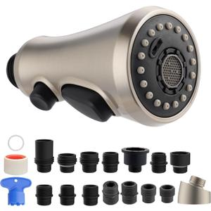 Hibbent Pull Down Kitchen Faucet Head Replacement, 3-Function Kitchen Faucet Head Sink Spray Nozzle with 15 Adapters Compatible with Moen, American Standard, Delta, Kohler Faucets, Brushed Nickel