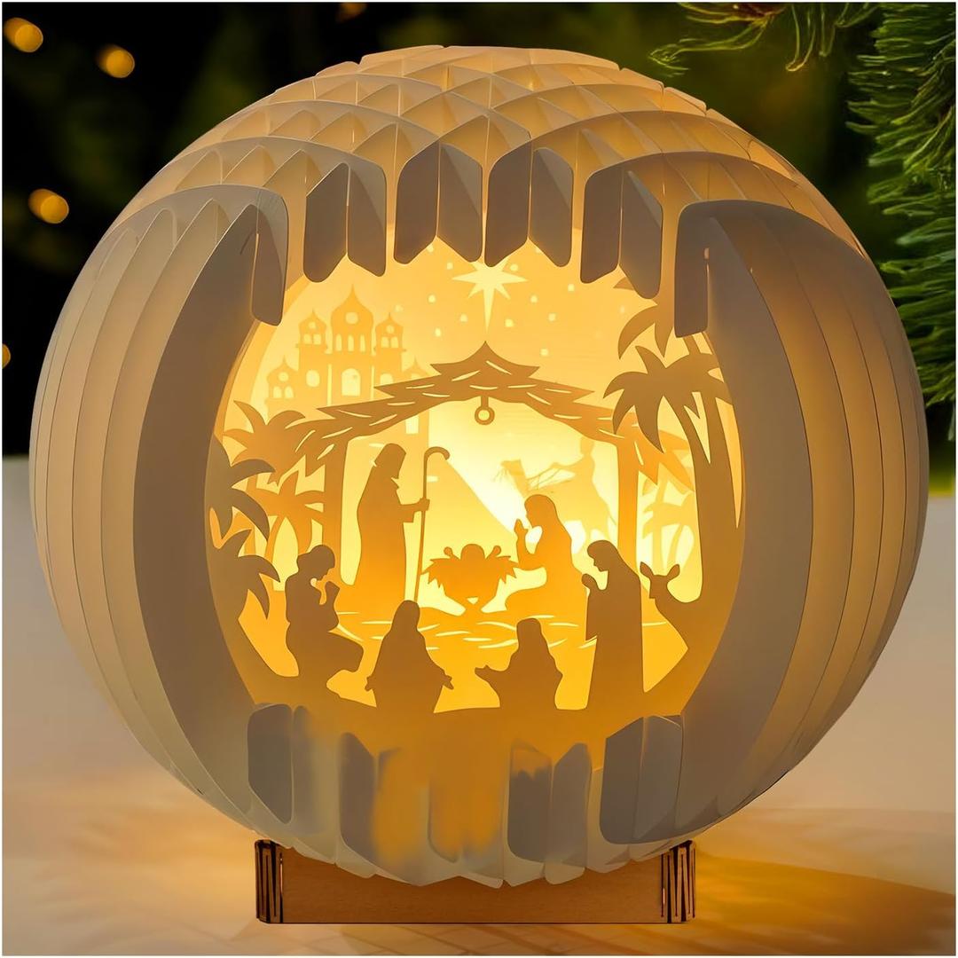 Wooden Nativity Set, Wood Christmas Nativity Scene Set, Miniature Holy Family Figurines, Table Top Boho Christmas Jesus Decorations for Indoor Mantel Display (Light Up Nativity)
