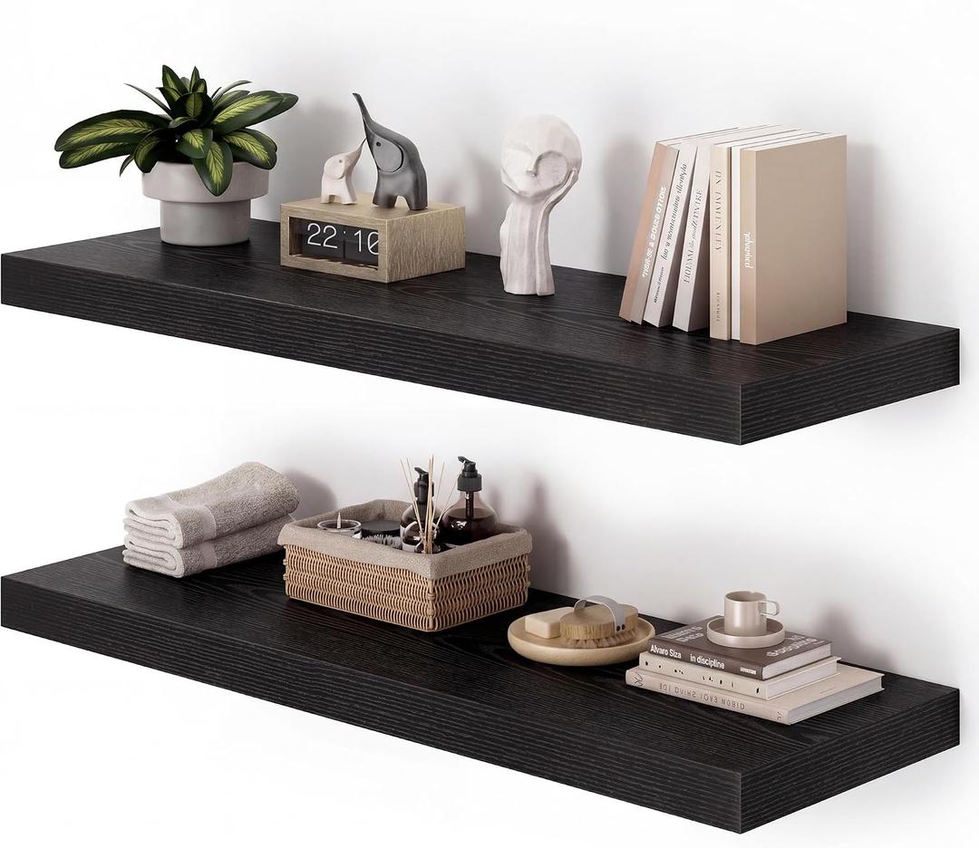 Heimlove 36 Inch Long Floating Shelf for Wall, 12" Deep Black Floating Shelves Shelves for Bedroom Living Room Bedroom, Mounted Shelves for Storage Book Decor, Set of 2