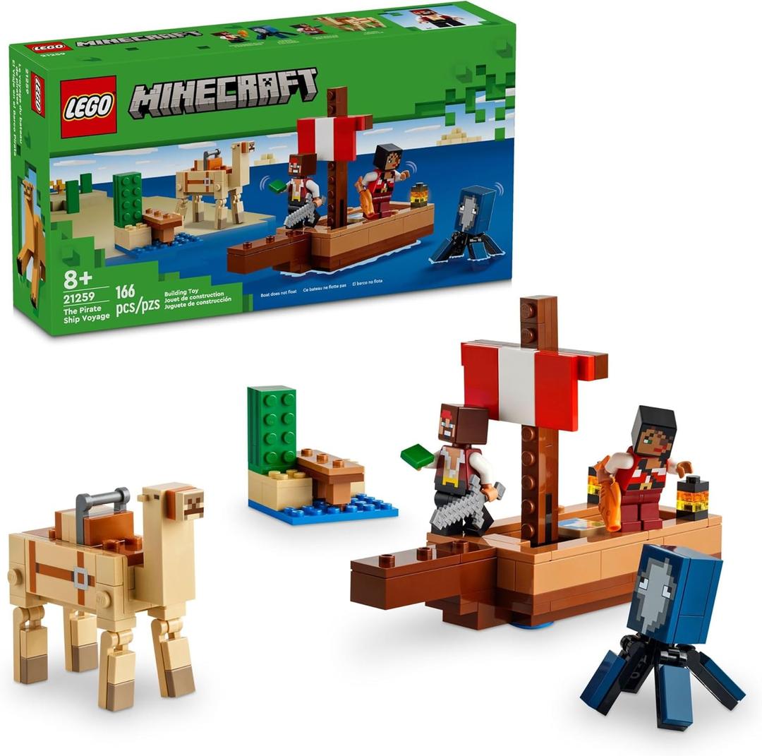 LEGO Minecraft The Pirate Ship Voyage, Boat Toy Playset for Kids with Squid, Camel and Pirate Figures, Toy Building Set for Action Role-Play, Minecraft Gift for 8 Year Old Boys and Girls, 21259