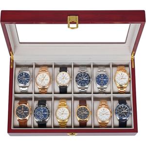 Premium Rosewood Watch Case with Glossy Finish - 12 Slots Watch Box with Glass Lid - Luxury Watch Holder Organizer for Men & Women's Jewelry Display - Ideal Gift for Watch Display & Storage