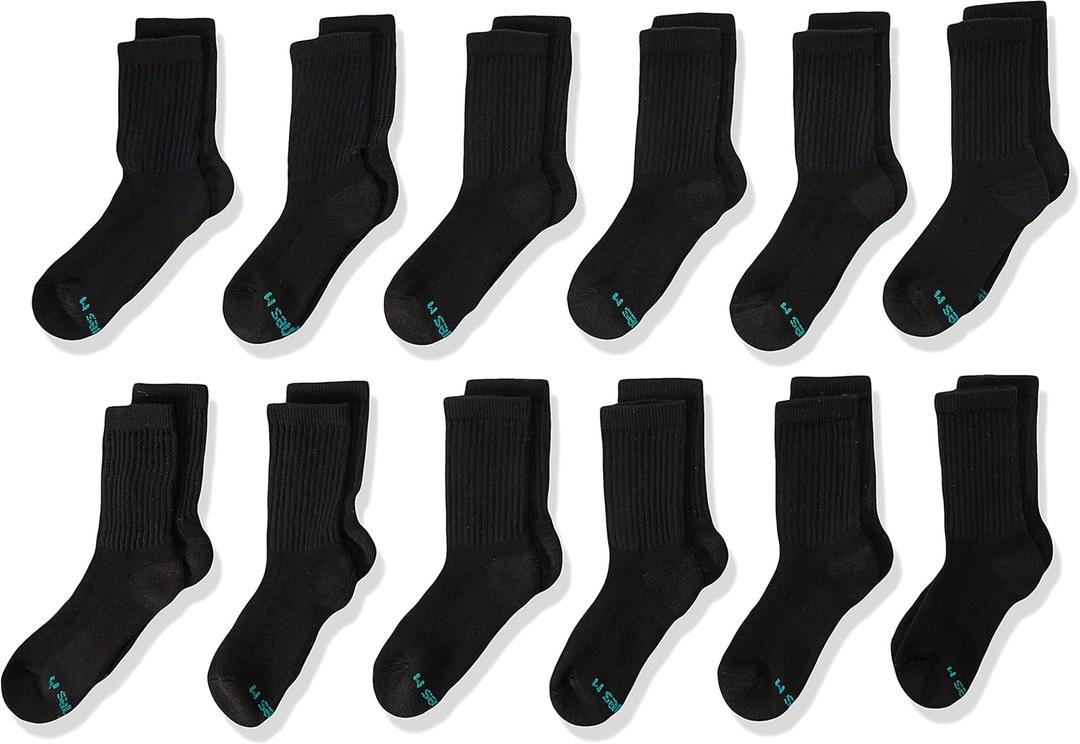 Hanes Boys' Socks, Double Tough Cushioned Crew Socks, 12-pair Packs (Large, Black)