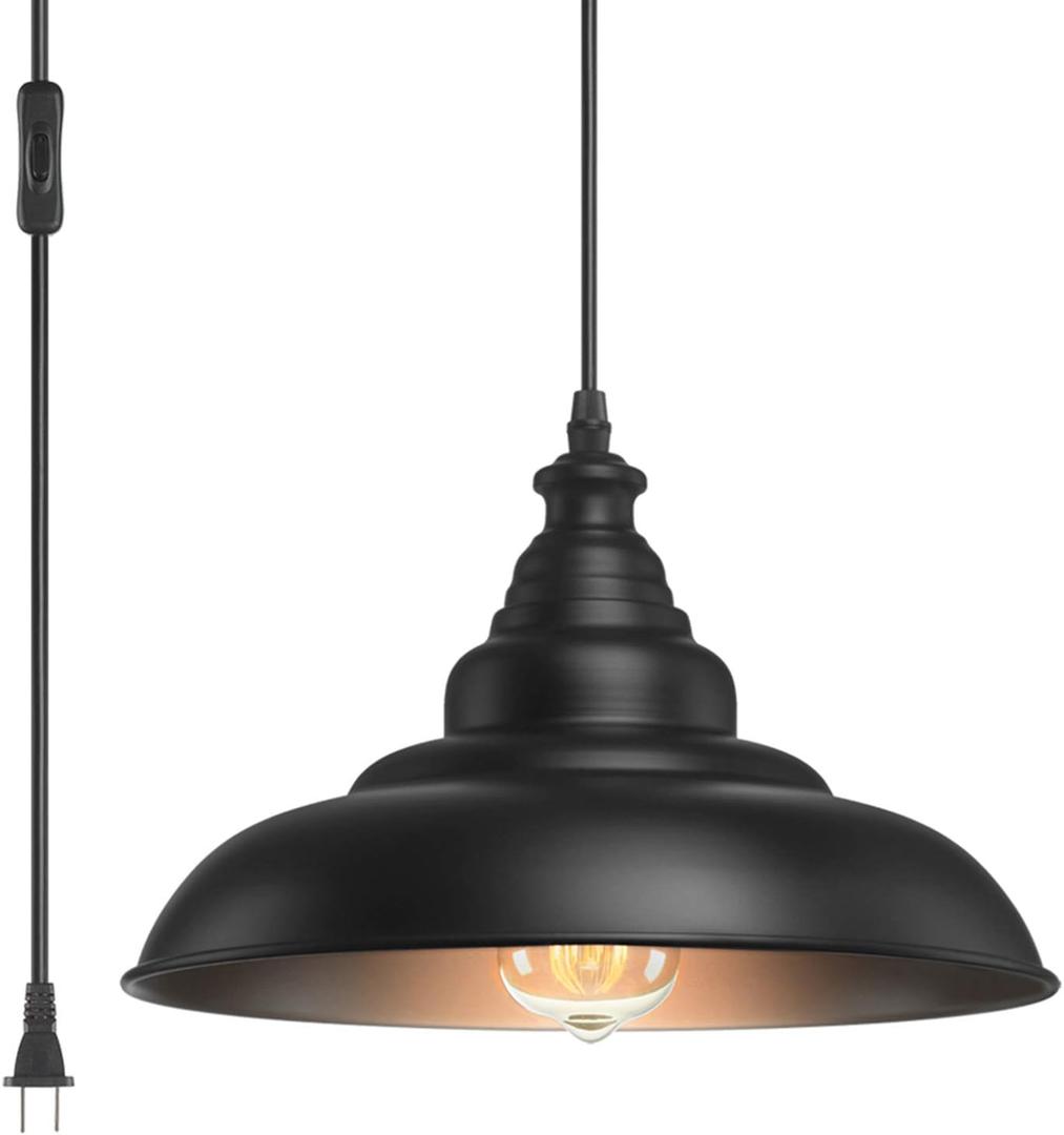 YeLEEiNO Pendant Lighting Fixtures, 14.5 Feet Extension Hanging Lantern Pendant Lamp,Swag Lights with Plug in Cord and On/Off Switch,Industrial Barn Yard Metal Hanging Ceiling Pendant Light
