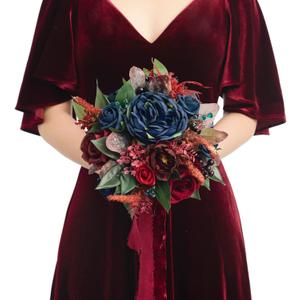 Ling's moment Burgundy Artificial Wedding Flower Bouquets for Bridesmaids Navy Blue Floral Bouquet Bridesmaids Bouquets with Ribbon Ceremony Anniversary,7-inch Diameter