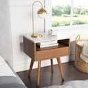 Nathan James Mid-Century Rectangle Accent Side or End Table Walnut Finish Wood and Faux Marble Top with Storage Nightstand, Frame, White/Brown, Set of 1