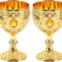 Amosfun 2Pcs Golden Wine Cups - 30ml Royal Chalices Wine Glass Embossed Design Medieval European Style Metal Cups