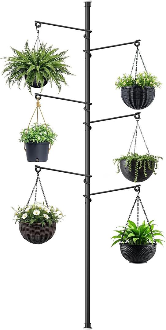 Tension Rod Plant Stand, Plant Poles for Hanging Plants Indoor, Metal Floor to Ceiling Hanging Plants Stand, Tension Pole Plant Stand with 6 Hooks (Fit 3.6-10ft)