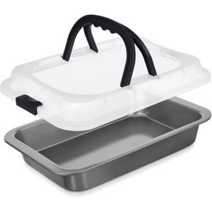 Qinyoung 1 Pcs Cake Baking Pan with Lid and Handle, 9 x 13 Inch Non-stick Rectangle Sheet Cake Pan Carrier for Brownie Roasting Cooking Baking (Black Gray)
