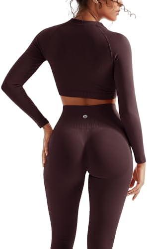 SUUKSESS Women 2 Piece Workout Sets Hidden Scrunch Hip Lifting Seamless Leggings Long Sleeve Yoga Crop Tops Size L, Espresso