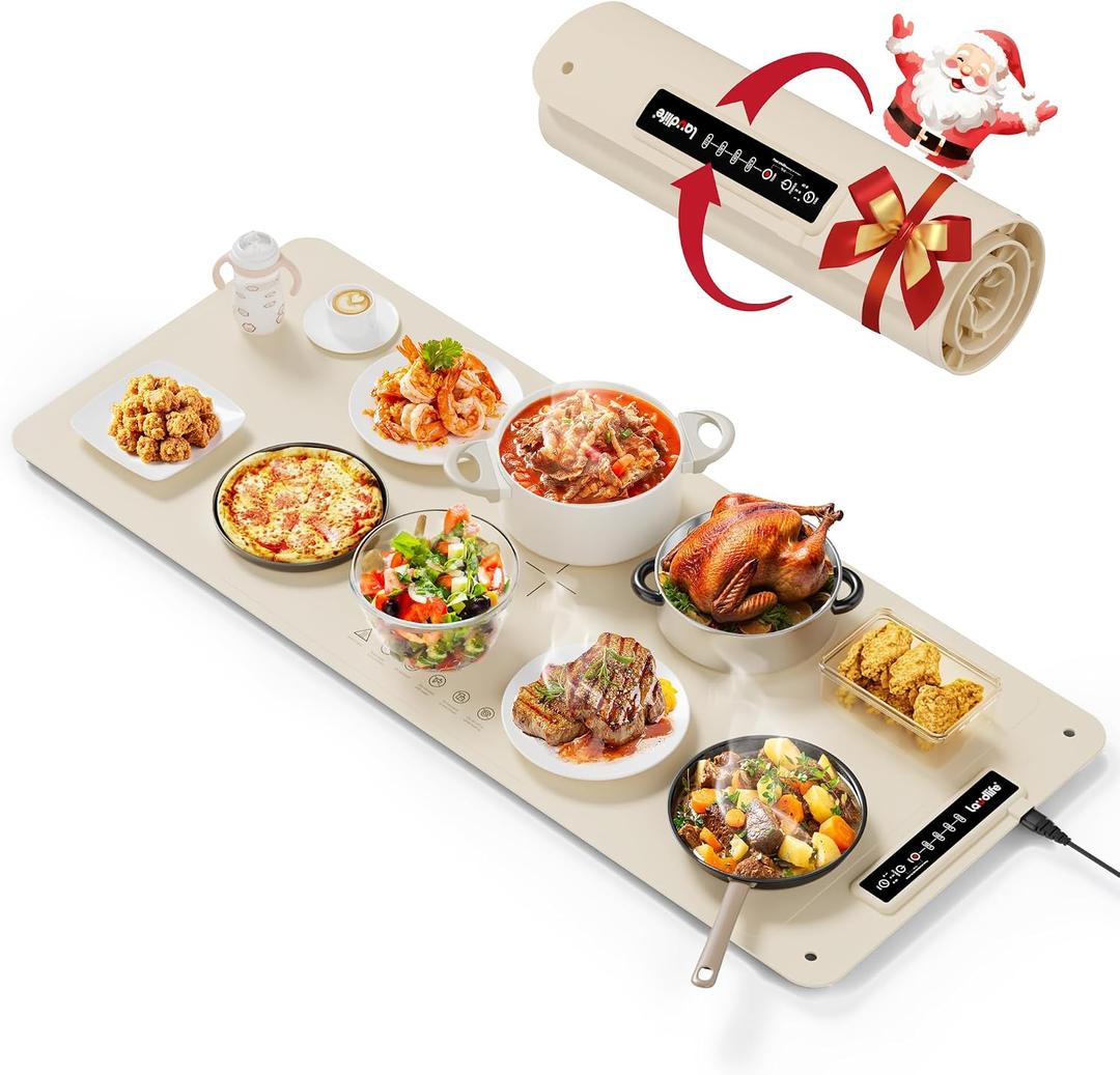 Extra Large Food Warming Mat for Countertop (XXL 36x16) - Full-Surface Heating Pad with 4 Temps Settings, Ideal for Buffet Party Food Warmer, Roll-Up Electric Warming Tray for All Gathering, Beige