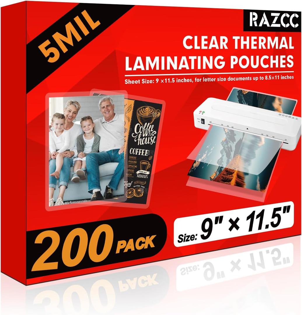 RAZCC Laminating Sheets, 200 Pack Clear Thermal Laminating Plastic Paper Laminator Sheets, 9 x 11.5-Inch, 5mil, Ideal Office or School Supplies
