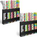 2 PCS Straw Holder for Cabinet Door, 6.5x10 Inch Straws Storage Self-Adhesive Straw Organizer Cabinet Straws Holder for Kitchen Refrigerators, Wall Hanging and Brush Storage-Black