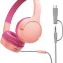 Belkin SoundForm Mini Kids Wired Headphones w/USB C to 3.5mm Dongle, Built-in Mic & Fun Stickers, 85dB Max Volume for Online Learning, Travel, Compatible w/iPhone 16, iPad, Galaxy S25, etc - Pink