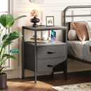 Huuger Night Stand with Charger Station, 27.7 Inch Tall Nightstand, Bed Side Table with 2 Fabric Drawers, Fabric Drawer Dresser for Bedroom, Living Room, Grey, 11.8"d X 17.7"w X 27.7"h