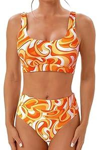 High Waisted Two Piece Swimsuits for Women Tummy Control Tankini Bathing Suits Sporty Printed Swimwear (Small, Black+white)