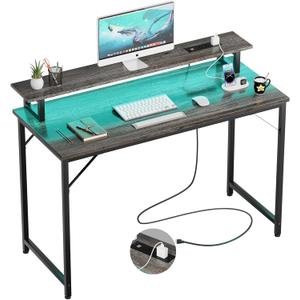47 inch Computer Desk with Power Outlets, Gaming Desk with LED Lights, Home Office Work Desk with Monitor Shelf, Modern Office Desk Study Writing Table for Small Spaces, Black Oak