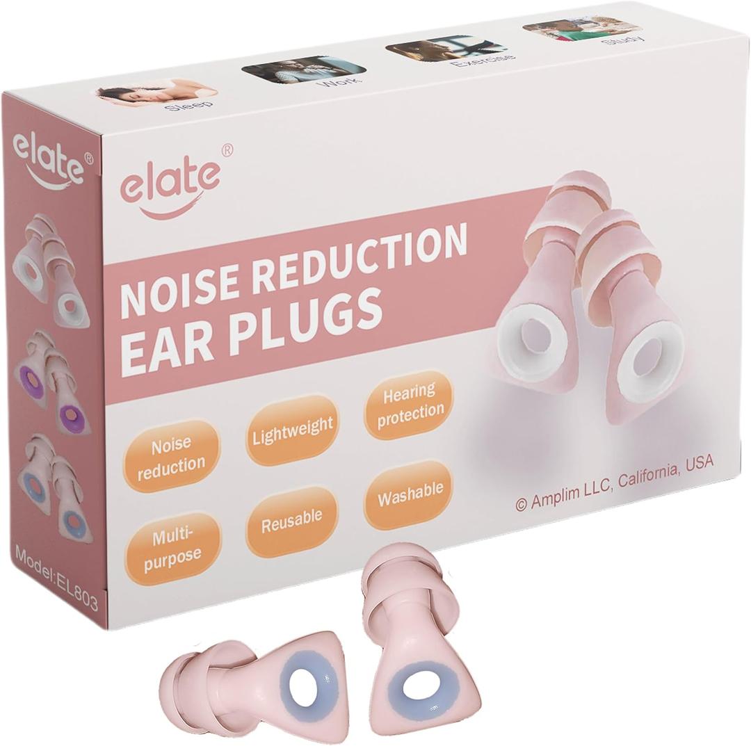 Elate Silicone Ear Plugs for Sleeping, 27dB Noise Reduction Reusable Earplugs, Soft Comfortable Ear Plugs for Snoring, Travel, Study, Concert, Swimming with Case - Pink