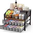 Coffee Bar Organizer - Coffee Station for Countertop, Metal and Wood K Cup holder Storage Basket for Coffee Pods, Syrup, Cups, Stirrer, Coffee Condiment, Tea Organizer, Black and Brown