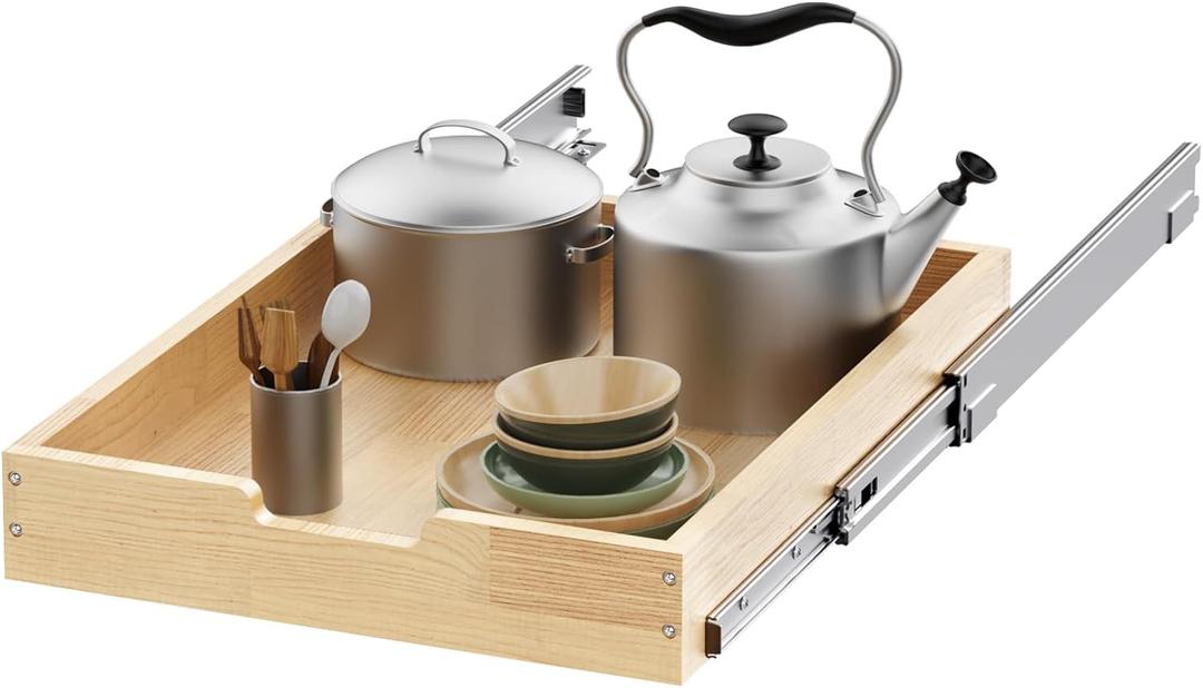 Wood Pull Out Cabinet Organizer 14" W x 21" D, Heavy-Duty Sliding Drawers for Inside Cabinets Storage and Organization for Kitchen, Pantry, Bathroom (single tie)