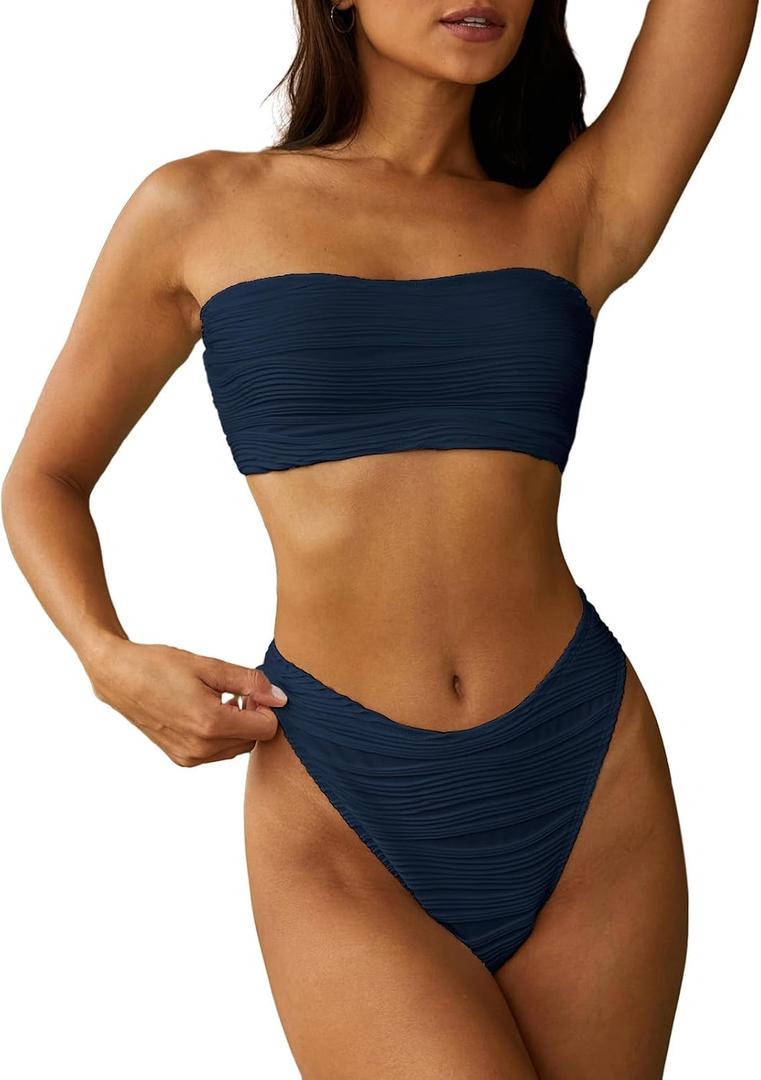 ZAFUL Women Strapless Textured Bandeau Bikini 2 Piece Swimwear Cheeky Solid Lace up Bathing Suits (Blue, L)