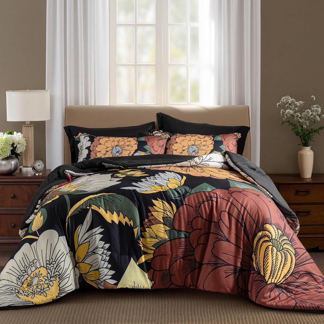 Tyrot Black Boho Floral Twin Comforter Set - 2 Piece Farmhouse Botanical Bedding Comforter Sets for All Season Soft Lightweight Mid Century Bed Set, (1 Reversible Comforter and 1 Pillow Sham (Warm Ember)