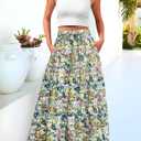 POPZONE Women Maxi Skirt Floral Boho Tiered Fall Summer Flowy Skirts Casual High Waist Long Skirts for Women (S)