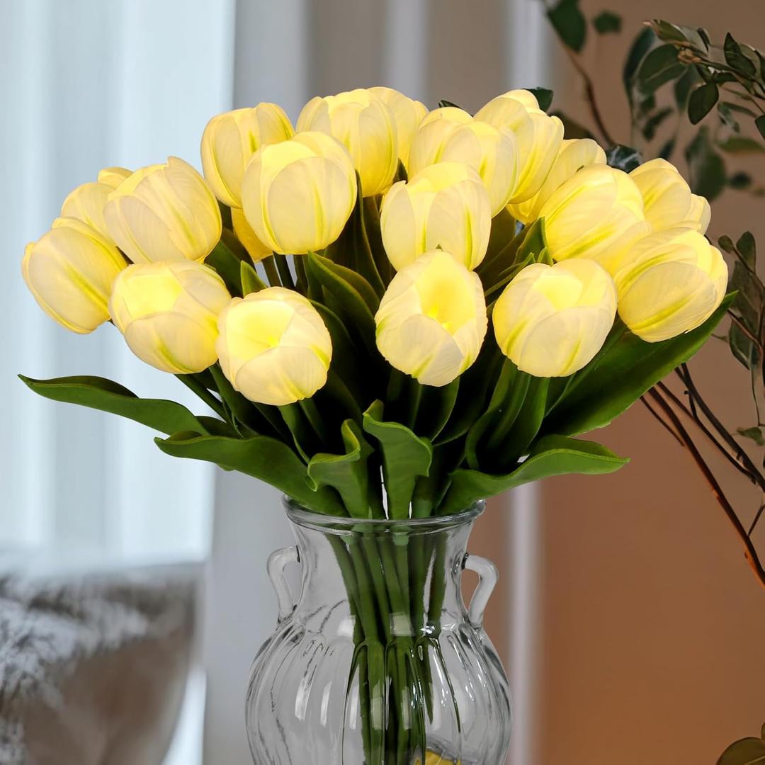 20pcs LED Lighted Artificial Flowers Tulip Lamp Real Touch Tulips Faux Flower Lights for Valentine's Day and Easter Home Kitchen Wedding Dining Table Decor(White)