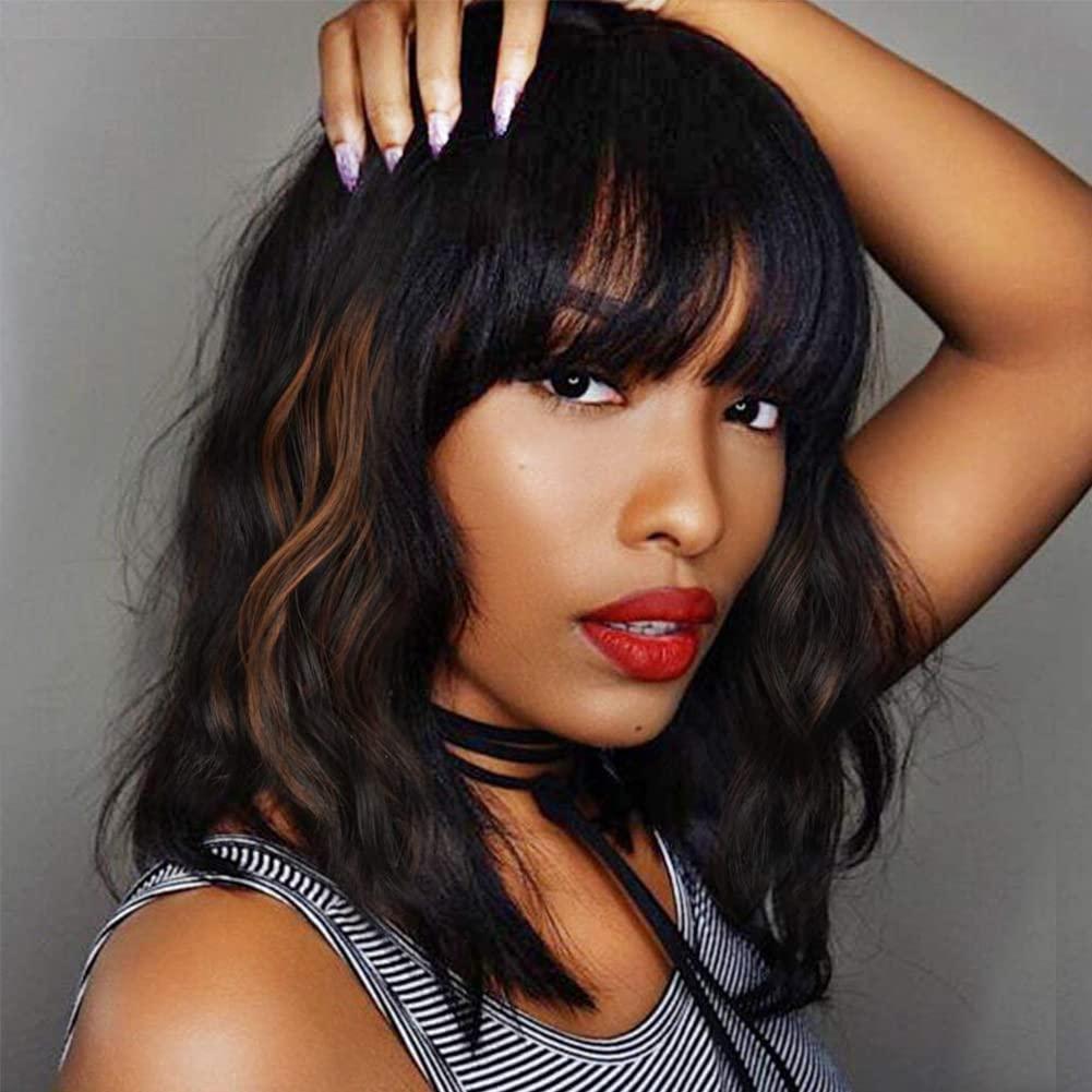 Black Mixed Brown 14 Inch Short Wavy Curly Hair Wigs with Bangs - Shoulder Length Synthetic Heat Resistant Wigs for Black Women