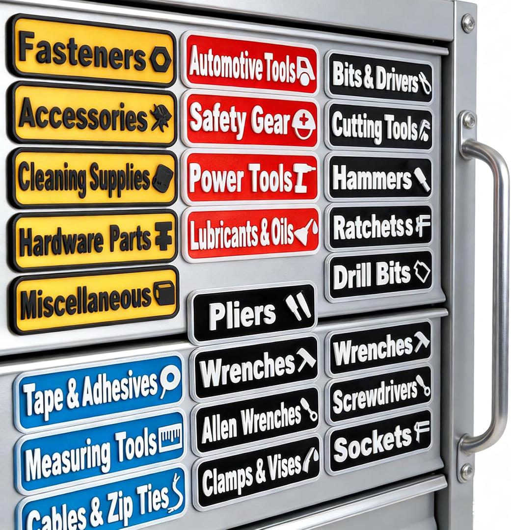 24 PCS Magnetic Tool Box Labels | 3D-Printed Tool Organizer with Four-Color Coding | Strong Magnet for Tools Cabinets, Drawers & Steel Carts | Reusable, Quick-Identify Labels for Professionals & DIY