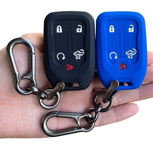 TANDRIVE 2PCS Silicone Smart Key Fob Case Cover for 2023 2022 2021 2020 2019 Chevy Silverado and GMC Sierra 1500 2500HD 3500HD, Remote Protector Accessories Holder(5-Button, Black and Blue)