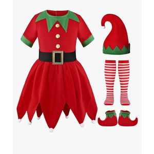 Gortykor Girls Elf Costume Christmas Elf Dress Suit for Girls Christmas Santa's Helper Costume (7-8 Years)