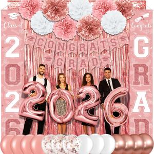 Graduation Party Decorations Class of 2026, Graduation Decorations with Congrats Grad Banner Fringe Foil Curtain Paper Flower Ball Balloons for High School College Graduation Party Supplies, Pink