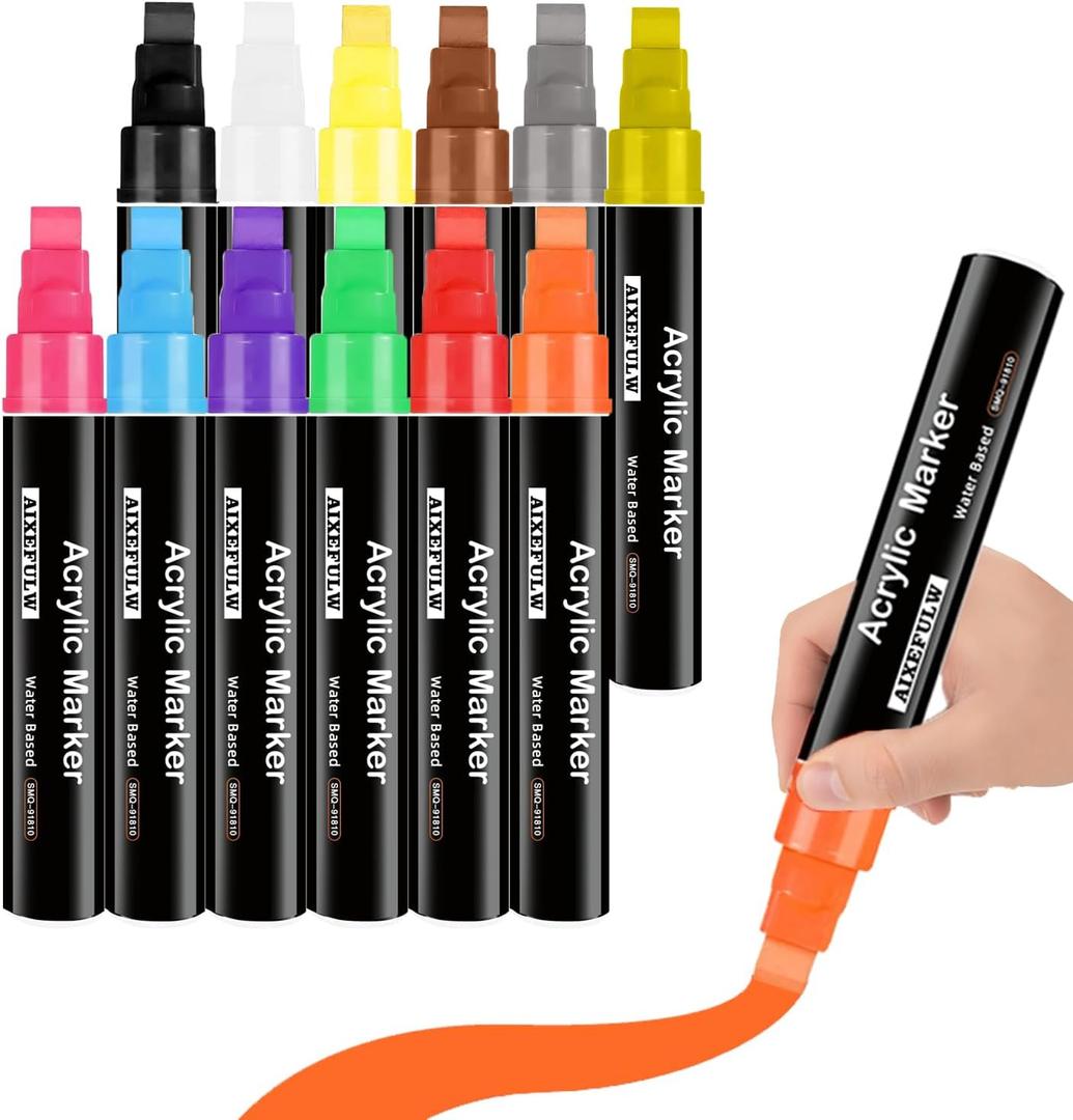 12 Colors Poster Markers Jumbo,10mm Wide Tip Jumbo Permanent Paint Pens,Thick Acrylic Paint Markers for Poster,Stone, Ceramic, Glass,Wood, Canvas,Metal,Plastic, Fabric.