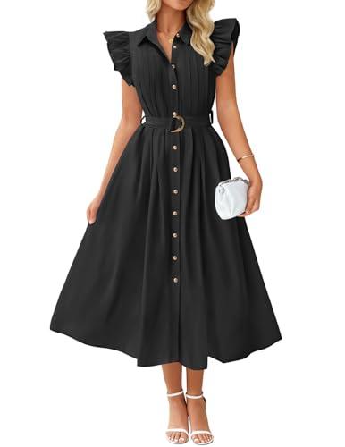 ZESICA Women's 2025 Summer Boho Button Midi Dresses Casual V Neck Flutter Sleeve Belted Long Dresses with Pockets,Black,Medium