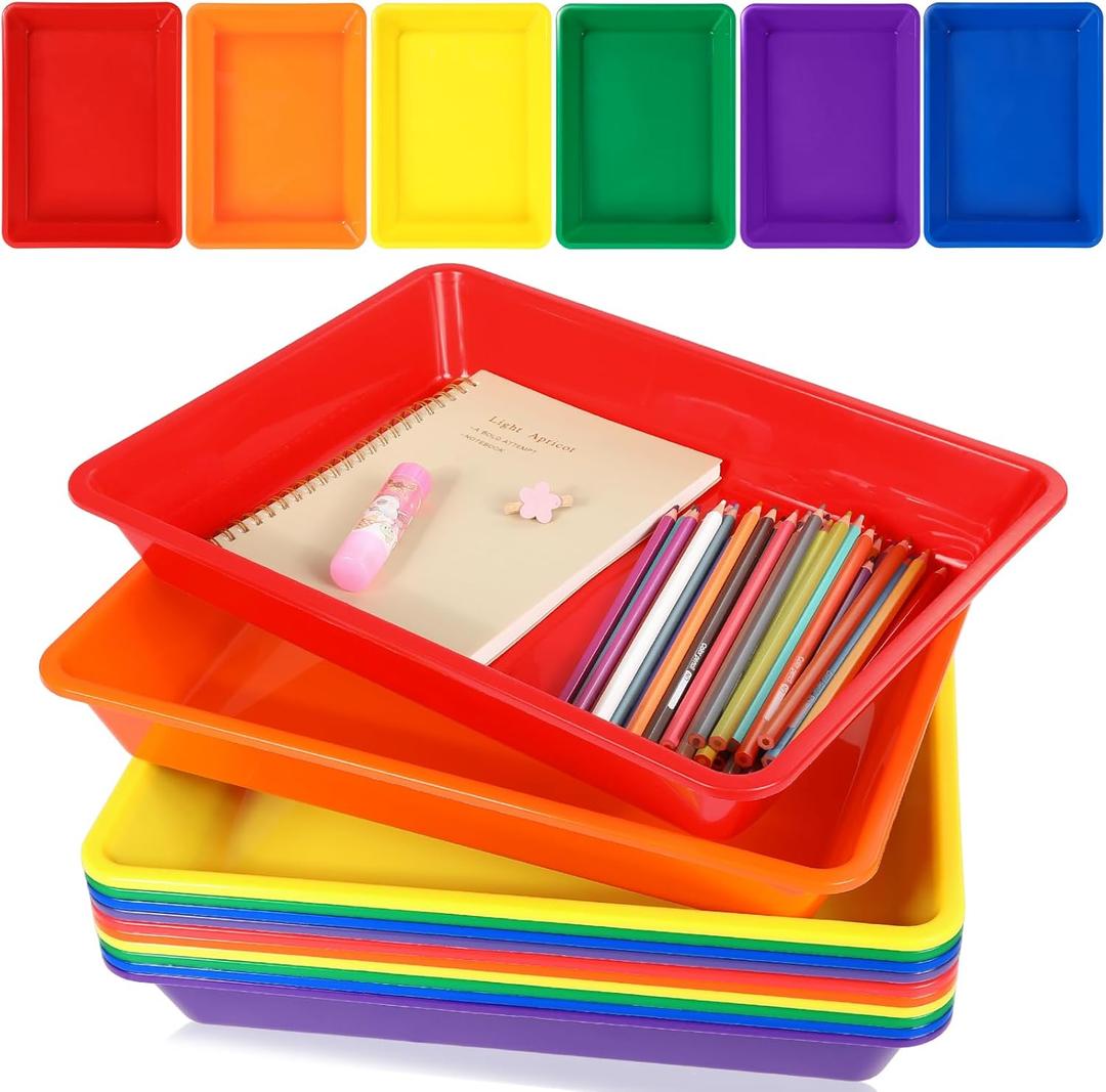 12 Pack Letter Size Flat Storage Paper Tray Organizer Bin Tray Plastic Stackable File Organizer for Classroom Library School Office Teacher Desktop Book Organization (Rainbow)