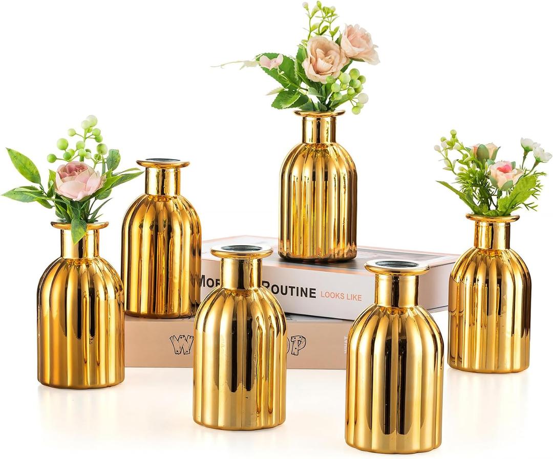 NUPTIO Bud Vases Glass Gold: 5 Pcs Small Vase Set in Bulk for Flowers - Mini Vintage Flower Bottle Single Assorted Vases for Wedding Table Centerpieces
