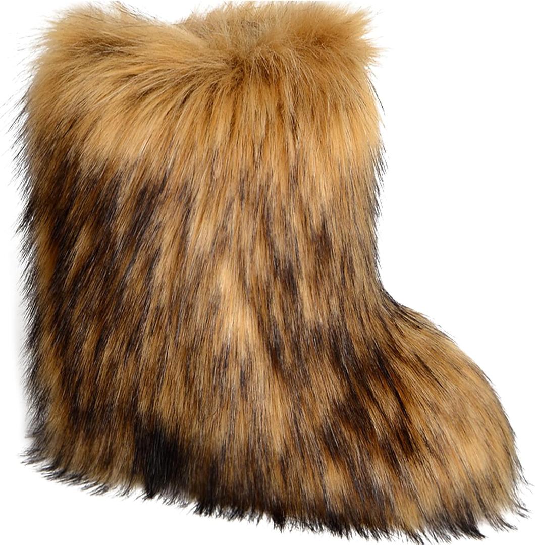 Valpeak Snow Boots for Women 2024 Furry Boots Winter Knee High Flat Heel Fluffy Faux Fur Boots (12 Wide, Natural)