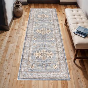 Washable Hallway Runner Rug 2x6: Non Slip Runner Rugs with Rubber Backing Soft Kitchen Rug Farmhouse Distressed Carpet Runner for Living Room Bedroom Bathroom (Blue, 2X6)