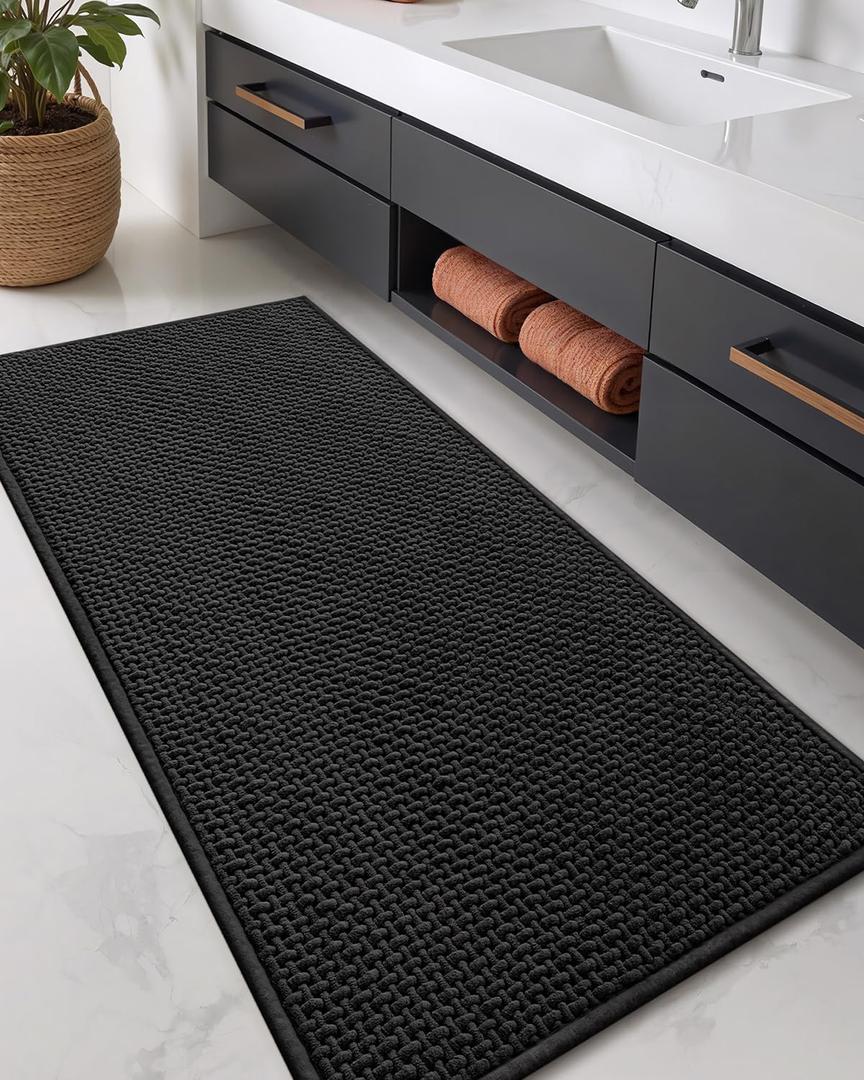2 x Color&Geometry Chenille Pile Large Bathroom Rugs Upgraded Denser, 24"x59" Non Slip Absorbent Black Bath Mats for Bathroom Thin Fit Under Door, Washable Quick Dry, 24"x60"