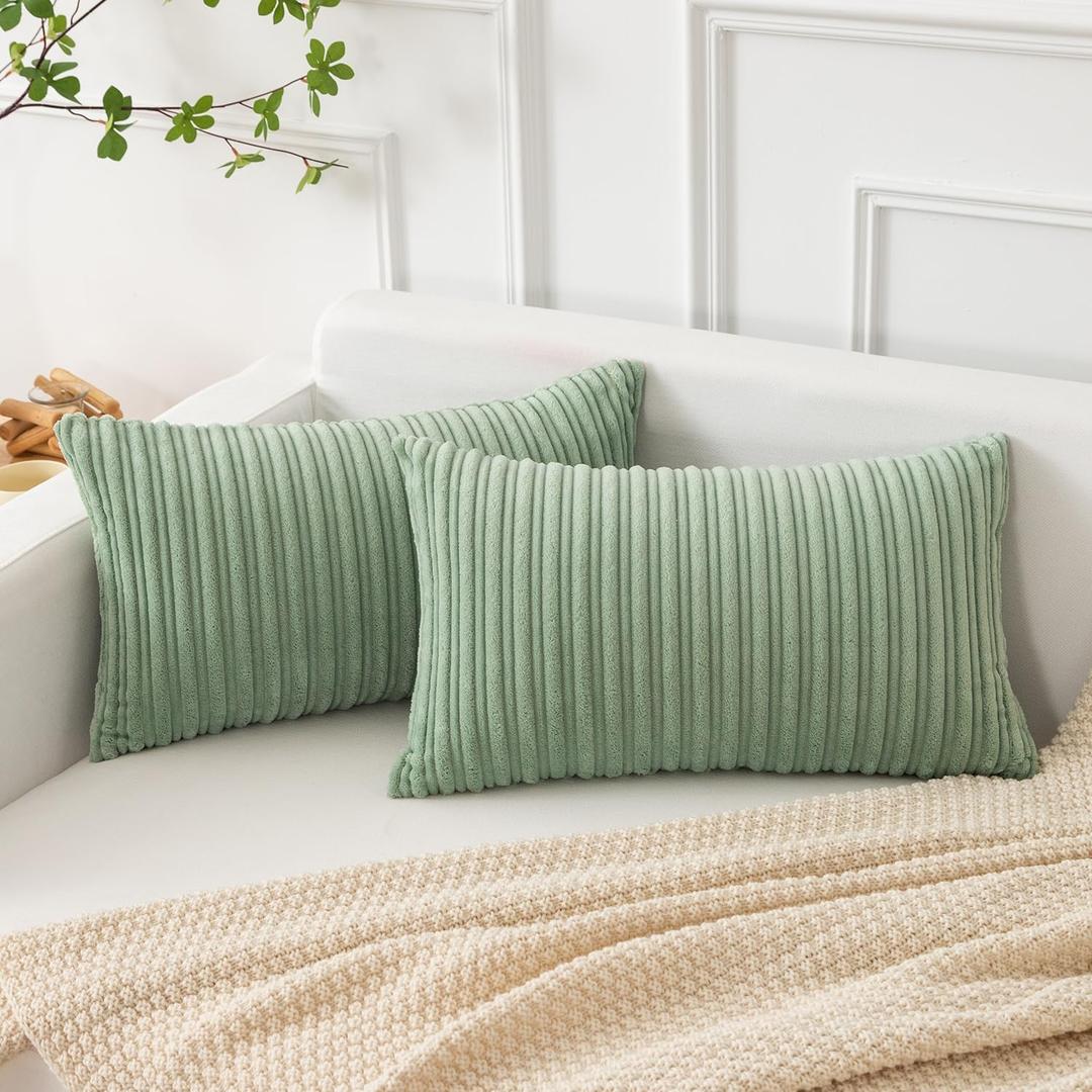 Kevin Textile Spring Oblong Throw Pillow Striped Corduroy Rectangle Pillow Covers for Couch Lumbar Cushion Covers, 12 x 20 inch, Sage Green, 2 Pack