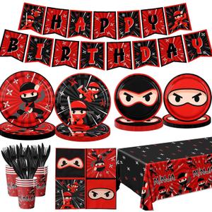Ninja Birthday Party Decoration Tableware Set, 142pcs Plates and Napkins Supplies Include Warrior Plates Napkin Cups Tablecloth Banner for Ninja Master Birthday Decor