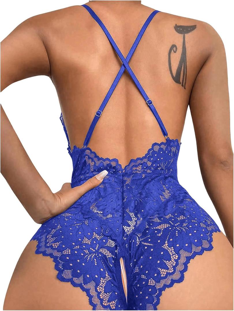 SOLY HUX Women's One Piece Lingerie Sexy Lace Babydoll Deep V Teddy Criss Cross Backless Teddy Mini Bodysuit (Blue, L)